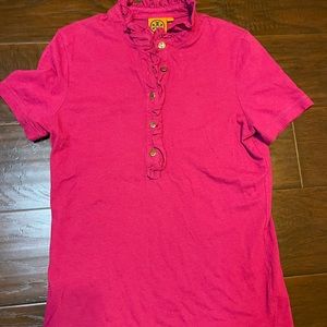 Tory Burch Women's L large Short-Sleeve Ruffle gold buttoned  polo magenta .